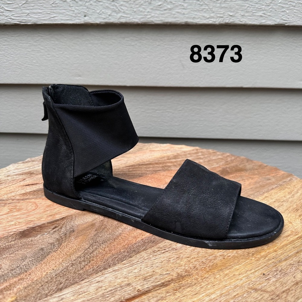 Eileen Fisher Black Leather Ankle Strap Flat Sandals Rear Zip Size 8 8373